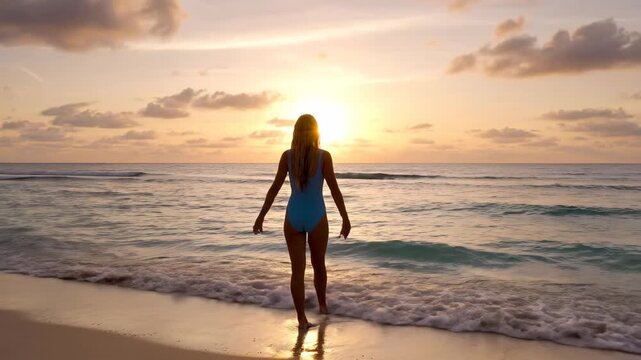 Young adult female enjoying a beautiful ocean sunset on a tropical beach vacation. Composite sequence showing her walking into the water and raising arms in freedom and success