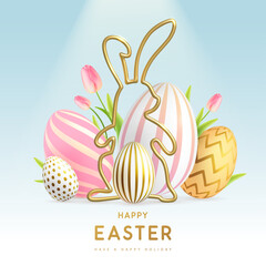 Happy Easter background with colorful easter eggs, golden rabbit silhouette and tulips. Holiday greeting card or poster. Vector illustration