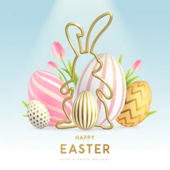 Fototapete Rund Restaurant Happy Easter background with colorful easter eggs, golden rabbit silhouette and tulips. Holiday greeting card or poster. Vector illustration  © annbozhko
