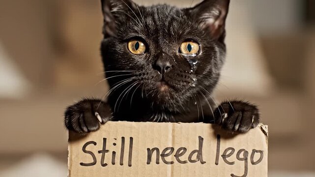 The black cat holds a sign that reads 'Still need plastic building bricks'. The cat appears sad, with a tear and expressive eyes, emphasizing its need for plastic building bricks.
