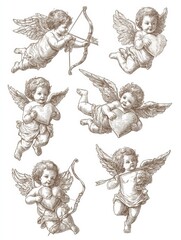 Naklejka premium Cute Little Cupids in Various Poses With Bows and Arrows and Hearts for Valentines Day or Wedding Design in Retro Style