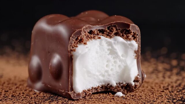 A chocolate-covered treat reveals creamy white filling inside. The dessert sits on a bed of cocoa powder, showcasing its rich texture and appealing look.