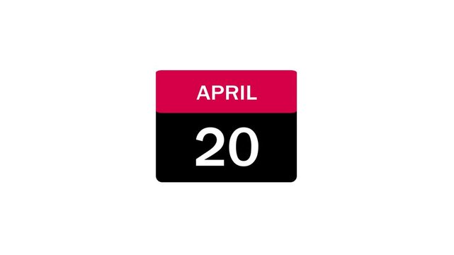Calendar Icon Illustration Representing April 20 Date. Minimalist Flat Vector Design Style Daily Planner Page with Pink Header and Black Body Isolated on White Background.