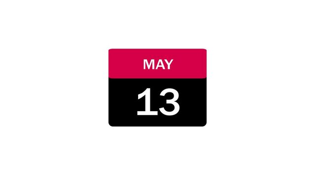 A clean and modern calendar graphic displaying the specific date May 13. The icon features a vibrant pink header and a black base with white text, isolated on a white background.