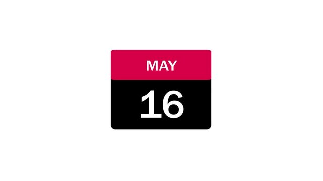 A simple flat design calendar icon showing the date May 16. Features a red header and black body with white text, ideal for scheduling and event planning illustrations.
