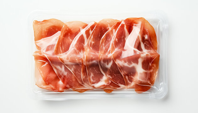 Raw Parma ham slices sealed in clear plastic tray isolated on white with clipping path included