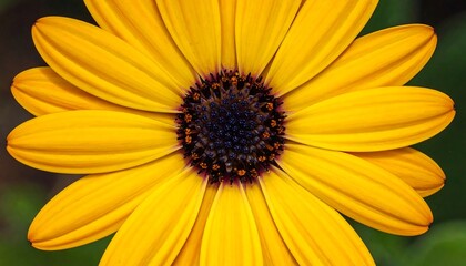 Close-up of a vibrant yellow daisy-like flower, showcasing detailed petals and a deep purple central disc. The background is a soft green