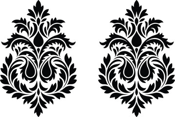 Elegant black damask ornament pattern, vintage decorative floral baroque motif symmetrical design isolated on white background vector illustration © Sree