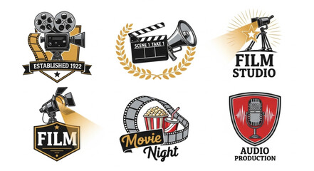 Fototapeta premium Collection of vintage film and audio production logos and emblems.