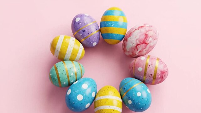 Colorful Easter eggs arranged in a circle on pink background, decorative painted spring eggs with stripes and dots, festive holiday celebration concept