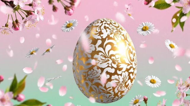 Golden Easter egg with floral filigree patterns, falling pink cherry blossom petals and daisies, elegant spring holiday background
