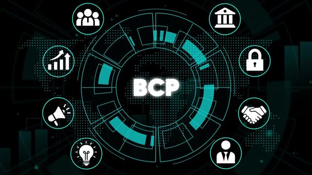 Business Continuity Planning B C P strategy and risk management concept with representing organization teamwork security and communication on a digital background