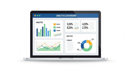 Laptop displays analytics dashboard with colorful charts and graphs on screen business data analysis concept