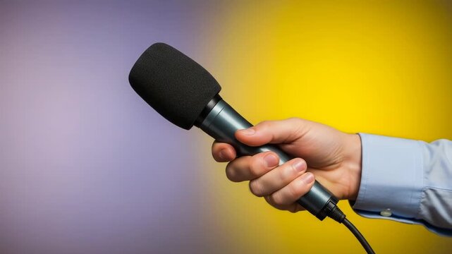 A hand holds a black microphone with a silver handle against a blurred yellow background