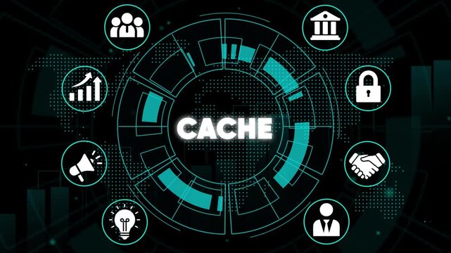 Cache concept with representing data storage, security, and communication on a futuristic background
