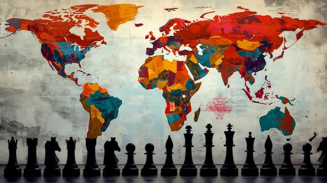 Colorful World Map on Wall with Black Chess Pieces Arranged in Front Depicting Global Strategy and International Politics