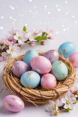 Pastel Easter eggs in a natural wicker nest surrounded by delicate spring blossom branches. Soft light festive composition perfect for seasonal greeting designs