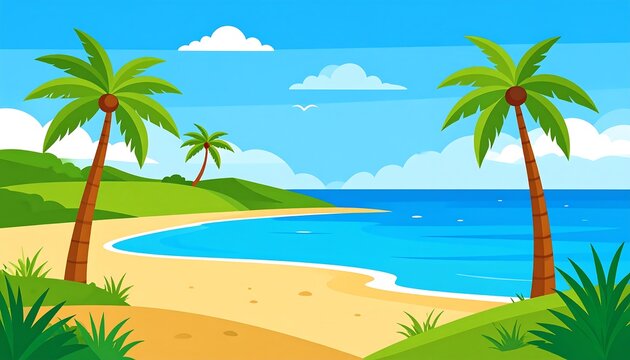 Cartoon-style tropical beach scene featuring palm trees, a sandy shore, rolling green hills, a blue ocean, and a bright, sunny sky