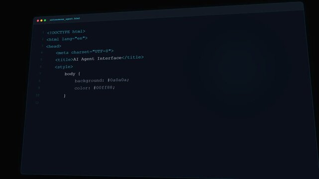 AI Agent Writing HTML Code in Digital Editor Window on Dark Background | Software Development Concept