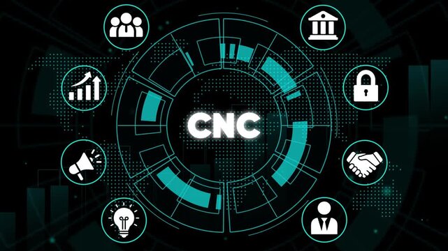 C N C Technology Concept with Business and Security on Black Background with Teal Accents computer numerical control