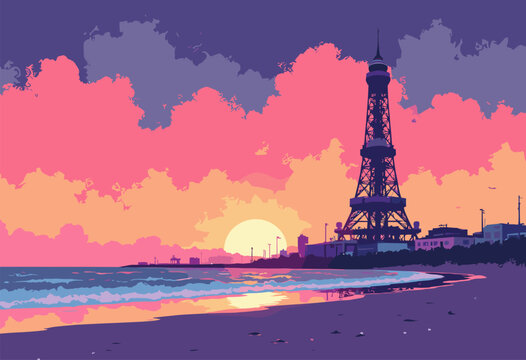 Blackpool Tower rising above stylized beach scene Neon sunset colors reflecting wet sand Retro seaside aesthetic