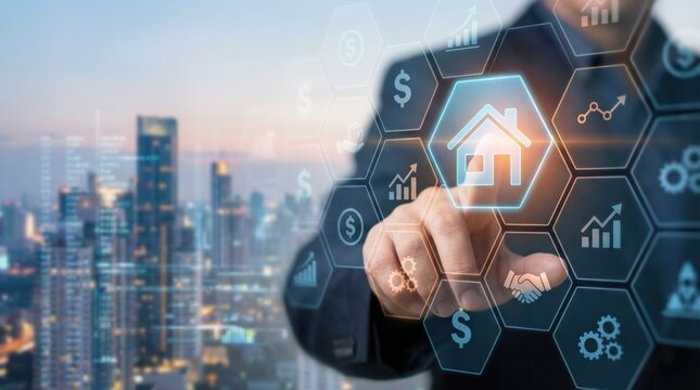 Businessman interacts with digital real estate analytics interface showing icons for housing, finance, and growth metrics, enabling property investment optimization strategies online
