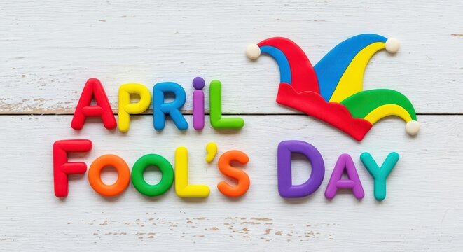 Colorful April Fool's Day greeting with jester hat on wooden background