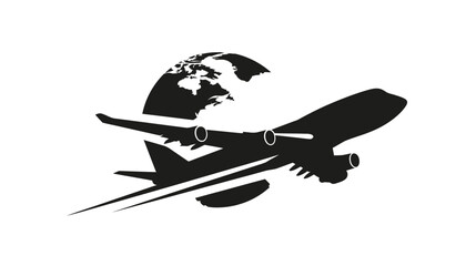 Global Air Travel Concept: Black Silhouette of a Commercial Passenger Jet Airplane Flying Around the World Map