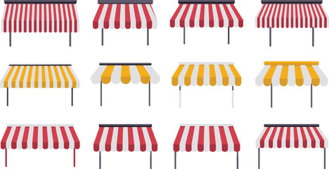 Set of colorful striped shop awnings and sunshade canopies for store front cafe and restaurant exterior design © ALEX BIN