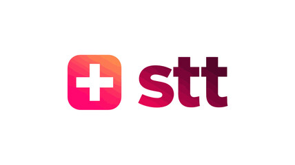 Obraz premium Modern abstract gradient plus sign icon and 'stt' text graphic design element on a white background