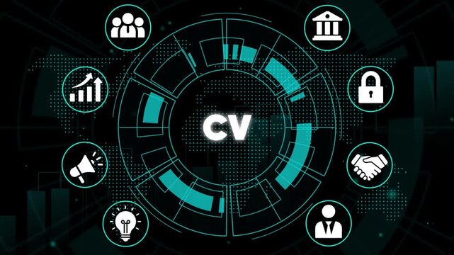 C V resume infographic template with representing skills and experience on a dark background