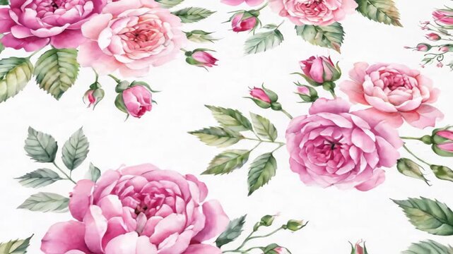 Watercolor pink roses and green leaves on a white background. Elegant floral pattern for wedding invitations and textiles. Romantic vintage flower art for decorative purposes