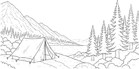 Black and white line of a tent pitched by a lake with mountains and pine trees camping © HasnaHena55