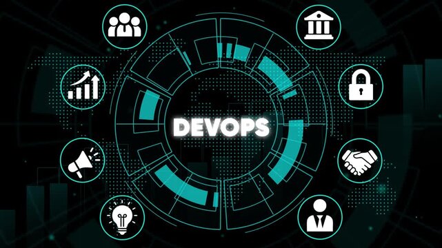 Dev Ops Concept with and Circular Diagram on Black Background Representing Collaboration, Security, and Efficiency in Software Development