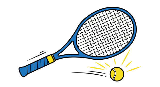 Blue tennis racket hitting yellow ball with motion lines and bright yellow impact sparks