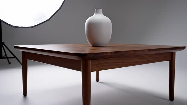 a wooden table with a white vase on top. A large softbox is positioned in the background near the table, illuminating the scene.