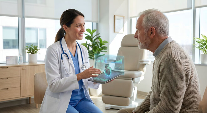 Female Doctor Explaining Digital Heart Scan to Senior Patient &ndash; Modern Healthcare Technology Concept