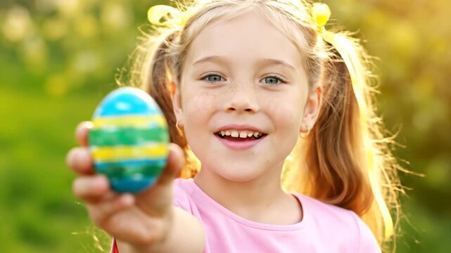 Happy little caucasian girl with freckles showing a colorful decorated egg during a spring celebration. Child enjoying a traditional easter egg hunt in a sunny park with golden light
