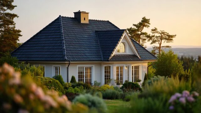 32View of a modern, gray tiled roof with chimney and a glimpse of the house, soft golden-hour lighting, warm highlights on gray tiles, elegant modern home atmosphere, high dynamic ra