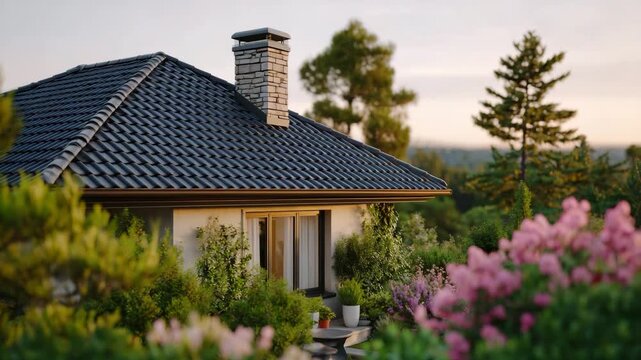 31View of a modern, gray tiled roof with chimney and a glimpse of the house, soft golden-hour lighting, warm highlights on gray tiles, elegant modern home atmosphere, high dynamic ra