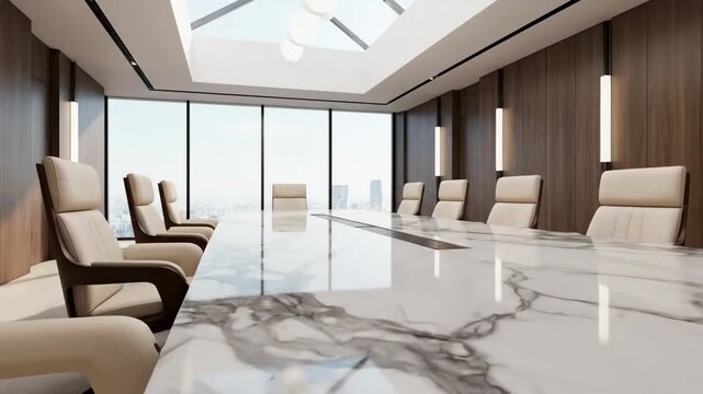 Modern conference room with marble table and city view background video
