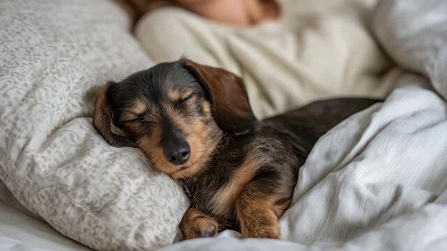 38Young owner with brown dachshund sleeping together on a comfortable bed at home, overhead view composition, natural shadows on soft pillows, dog resting its head on the owner&rsquo;s arm