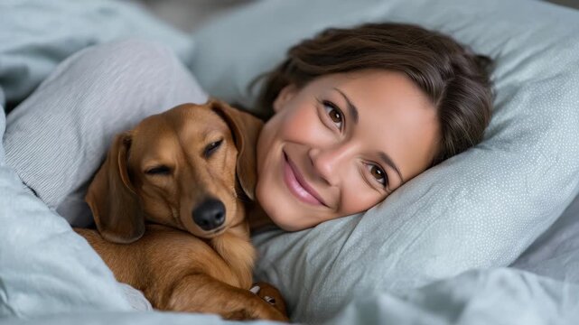 53Young owner with brown dachshund sleeping together on a comfortable bed at home, soft pastel bedding and pillows, peaceful afternoon nap scene, gentle ambient light, emotional warm