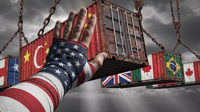 A large hand painted with the us flag reaches towards shipping containers representing global trade and international economic relations
