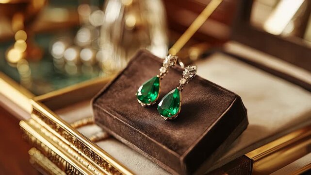 Elegantly Designed Emerald Earrings Set Against Vintage Background Evoking Luxury And Sophistication