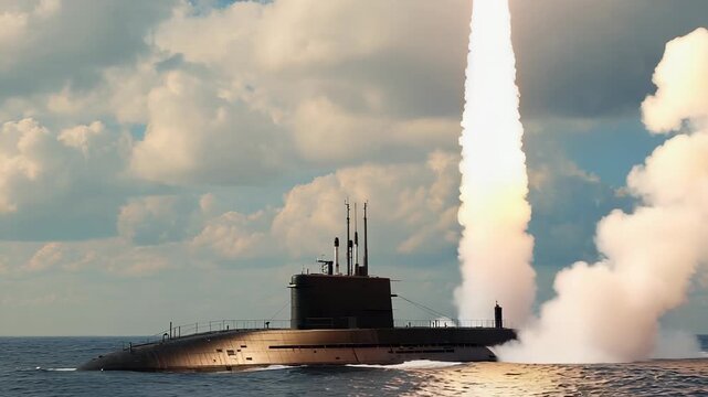 Nuclear-powered submarine launching torpedo in ocean, showcasing military power and underwater defense technology.