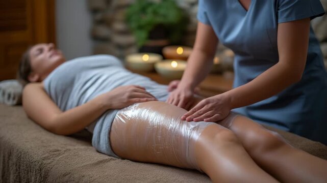 156Woman receiving body wrap treatment in spa, therapist applying plastic film to legs and hips for slimming and detoxification, relaxation and beauty therapy session on massage table