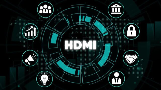 H D M I Technology Concept with Business and Security on Black Background with Teal Accents HDMI infographic