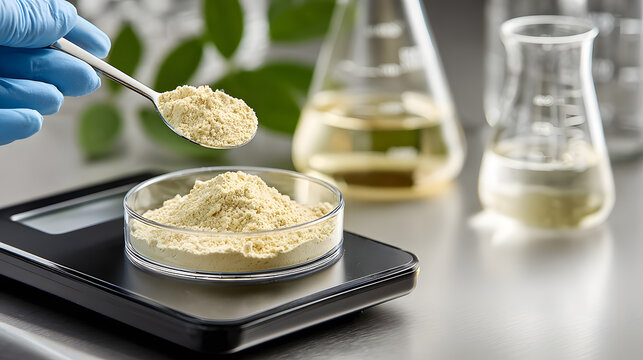 scientist measuring plant-based protein on digital scale. white powder analysis in food science laboratory. nutritional supplement research and quality control concept.	