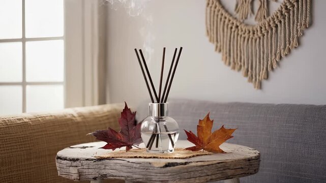 Autumn Still Life: Essential Oil Diffuser with Fall Leaves on Rustic Wooden Table, Cozy Home Decor